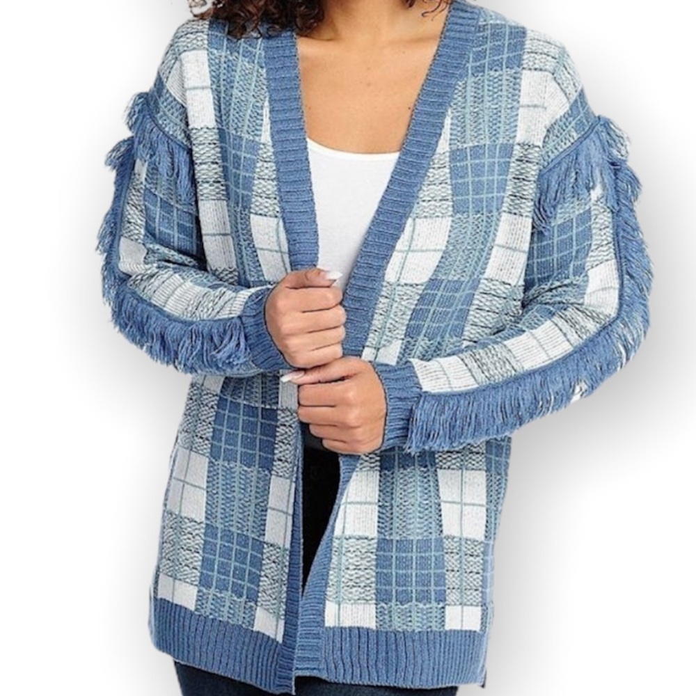 OSO CASUALS Fringed Knit Cardigan Sweater Open Front Women’s Size XL NWT Blue